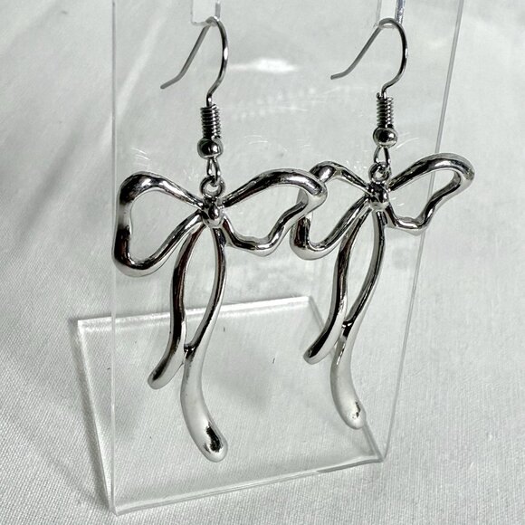 Silver Tone Ribbon Bow Dangle Earrings - Picture 5 of 8